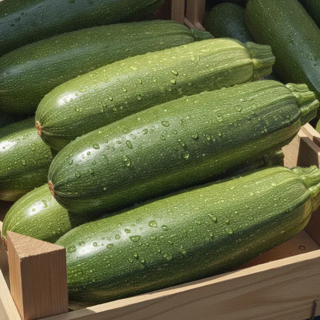 Courgettes vertes fraîches avec gouttes d'eau dans une cagette en bois sur un étal de marché