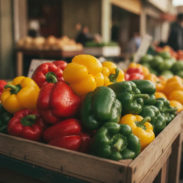 Poivrons rouges, jaunes et verts entassés dans une cagette en bois sur un étal de marché