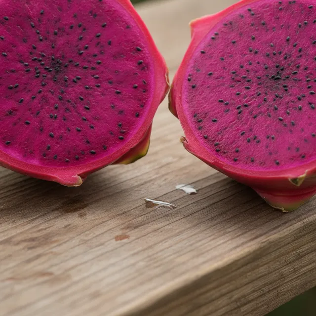 Un fruit du dragon (pitaya) coupe en deux, chair rose fuchsia parsemee de petites graines noires, sur une planche en bois