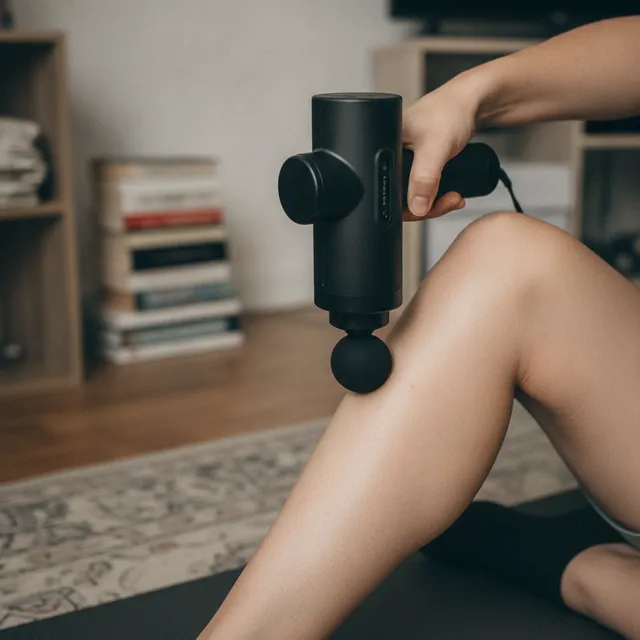 Pistolet de massage appliqué sur le mollet après une séance de sport