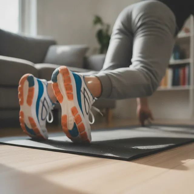 Personne réalisant un burpee sur un tapis de sport dans un salon, gros plan sur les baskets