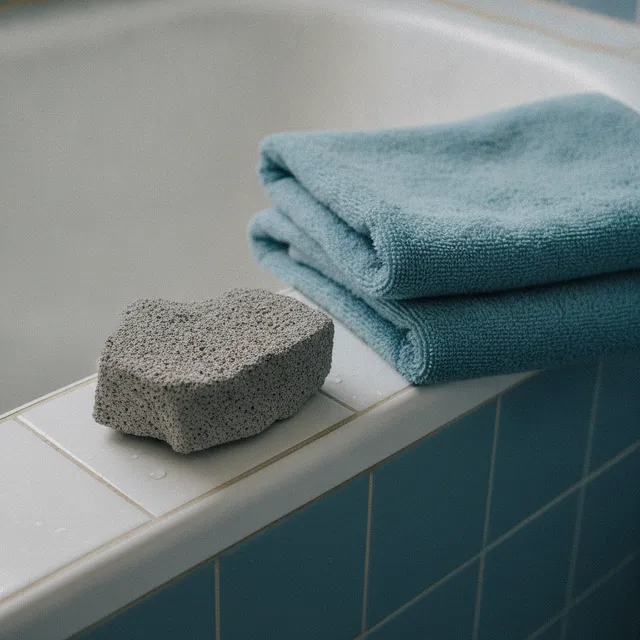 Pierre ponce naturelle grise et poreuse posée sur le rebord carrelé d'une baignoire, à côté d'une serviette pliée