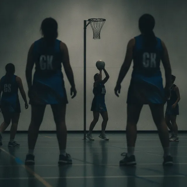 Match de netball dans un gymnase, joueuses autour d'un panier surélevé sans panneau, tir vers l'anneau