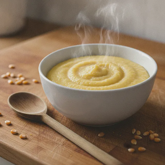Bol de polenta cremeuse et fumante sur une planche en bois, cuillere en bois et grains de mais a cote