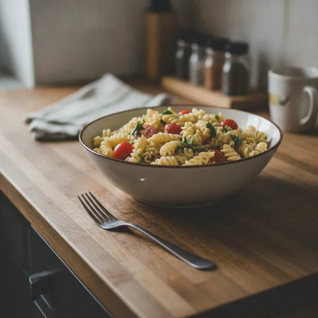 Bol de salade de pâtes froides aux tomates sur un plan de travail en bois