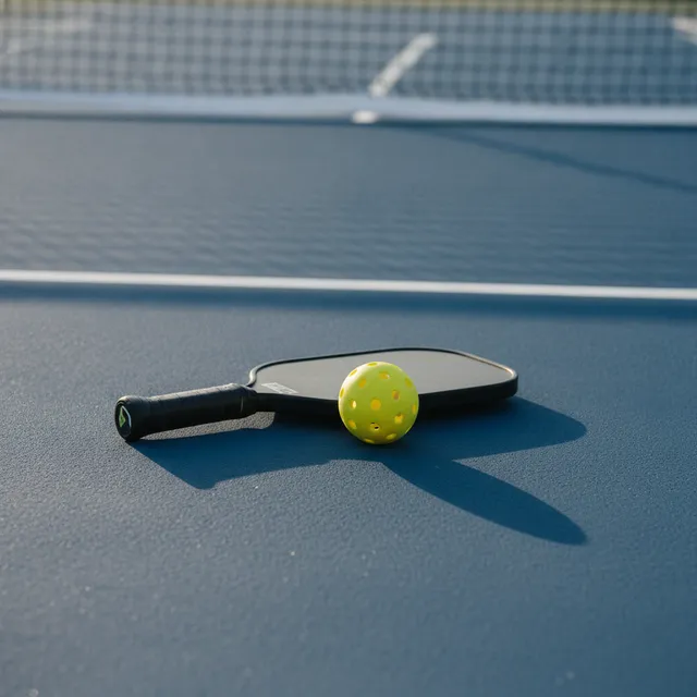 Raquette de pickleball et balle plastique perforée jaune sur un terrain extérieur bleu
