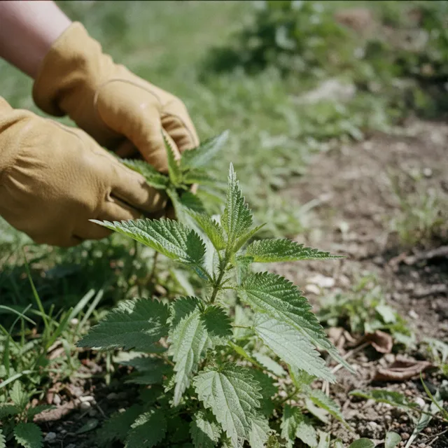 Mains gantées cueillant un plant d'ortie aux feuilles vertes dentelées dans un jardin