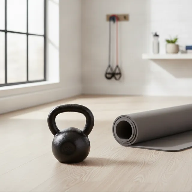 Kettlebell en fonte noire posée sur un parquet clair à côté d'un tapis de fitness