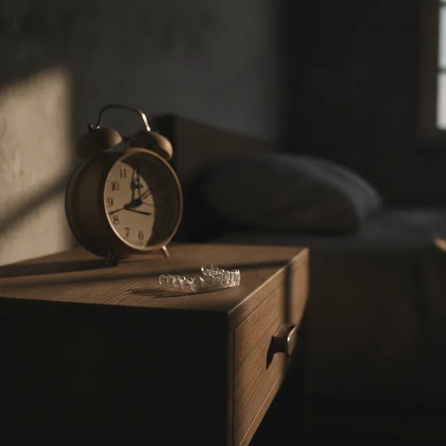Gouttière dentaire transparente posée sur une table de chevet à côté d'un réveil, dans une chambre en lumière tamisée
