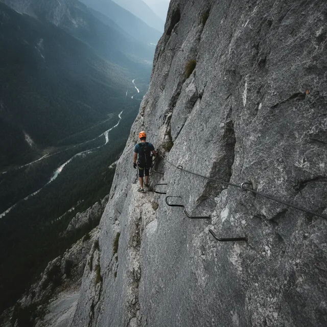 Grimpeur casqué progressant sur une via ferrata le long d'une paroi rocheuse, main sur le câble d'acier et barreaux métalliques, vallée en contrebas