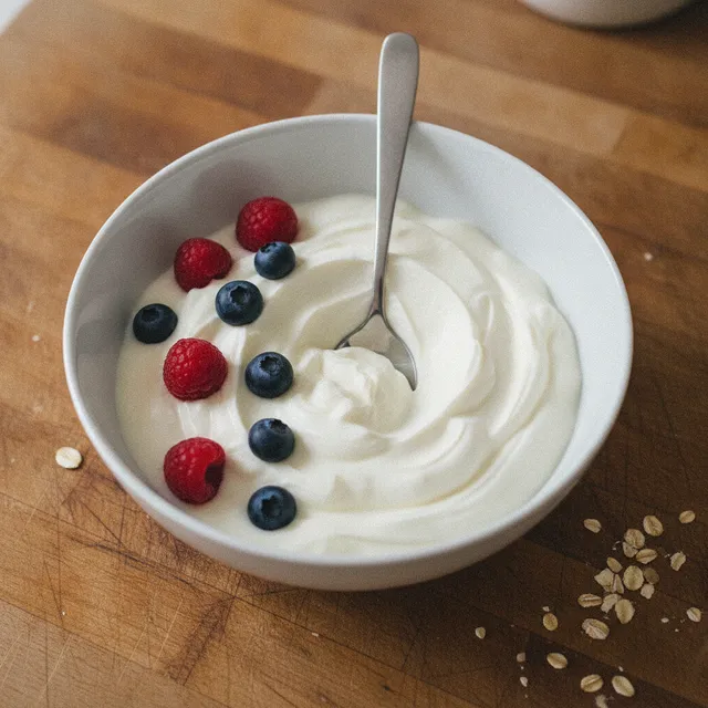 Un bol de skyr épais et blanc garni de framboises et de myrtilles, avec une cuillère, sur un plan de travail en bois