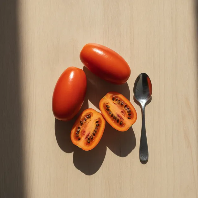 Tamarillos entiers et un coupe en deux montrant sa chair orange et ses graines, avec une cuillere, en vue de dessus sur une table en bois