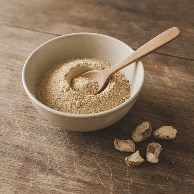 Bol de poudre de maca beige avec une cuillère en bois et des morceaux de racine séchée sur une table en bois