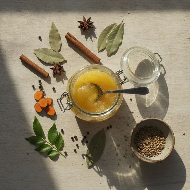 Bocal de ghee doré avec une cuillère, entouré d'épices, vue de dessus