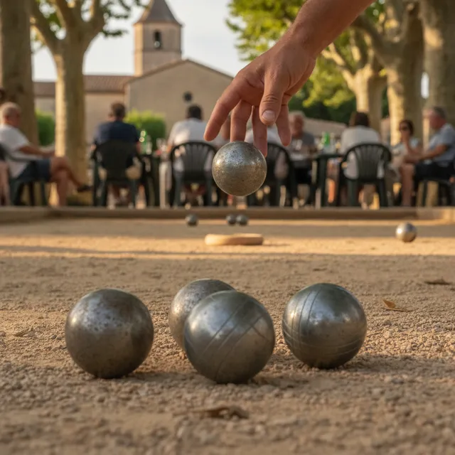 Gros plan sur des boules de pétanque en acier posées sur un terrain de terre, une main visant une boule, terrain de village en plein air