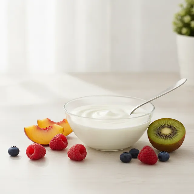 Bol de yaourt nature crémeux avec une cuillère et des fruits frais sur une table claire