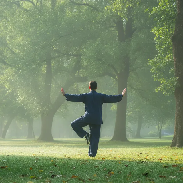 Une personne vue de dos exécute une posture de tai-chi en équilibre sur une jambe dans un parc au petit matin
