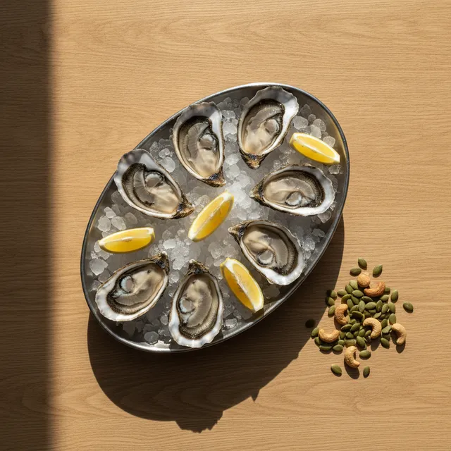 Plateau de huîtres fraîches sur glace avec citron, graines de courge et noix de cajou, aliments riches en zinc
