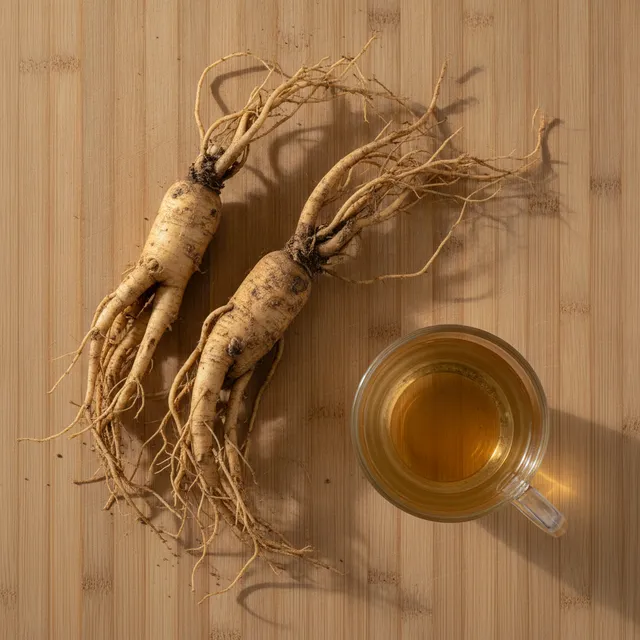 Deux racines de ginseng frais posées sur une planche en bois clair, à côté d'une tasse de tisane