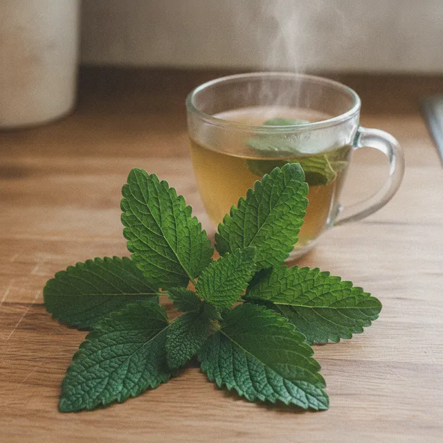 Feuilles fraîches de mélisse à côté d'une tasse de tisane fumante sur un plan de travail en bois