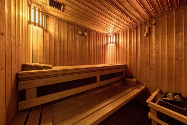 Intérieur d'un sauna en bois avec banquettes et poêle à pierres