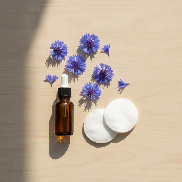 Flacon d'eau florale de bleuet, fleurs de bleuet et cotons sur une table en bois