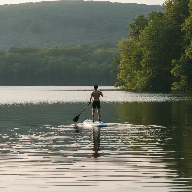 Une personne debout sur une planche de stand up paddle pagaie sur un lac calme entouré de forêt