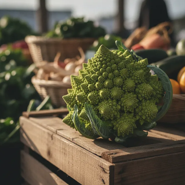 Chou romanesco vert entier, fleurettes en spirale, posé sur une cagette en bois sur un étal de marché