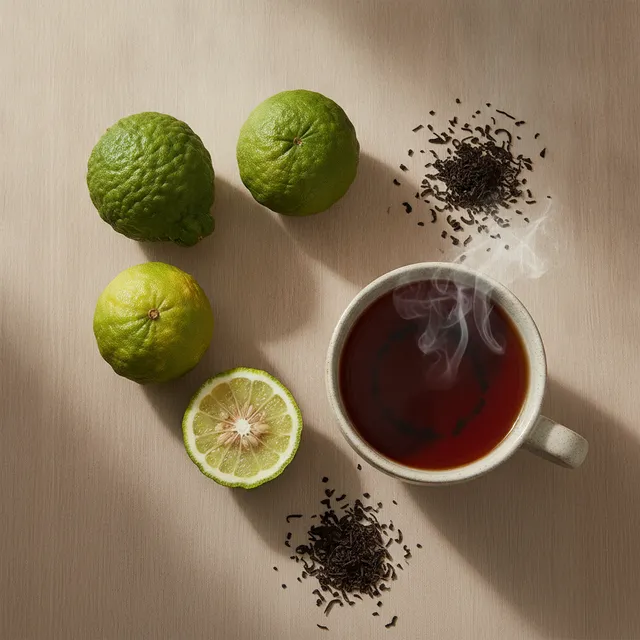 Bergamotes entières et coupées à côté d'une tasse de thé noir fumant et de feuilles de thé sèches