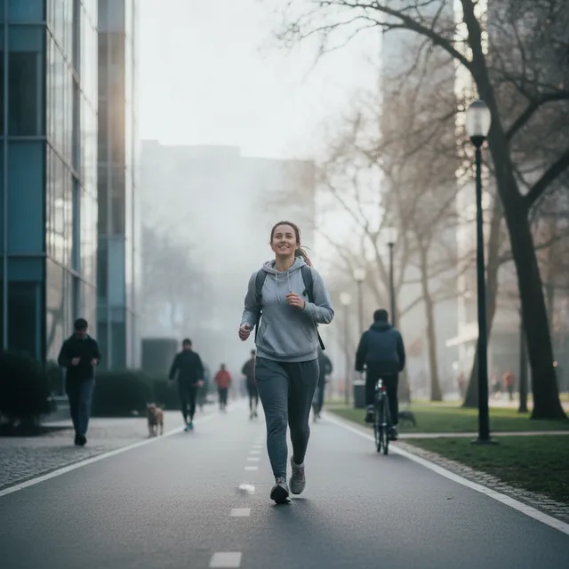 Une personne marche d'un bon pas sur un chemin de parc en ville le matin