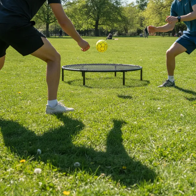 Un filet rond de roundnet posé sur une pelouse, une balle jaune en plein rebond, deux joueurs en action autour