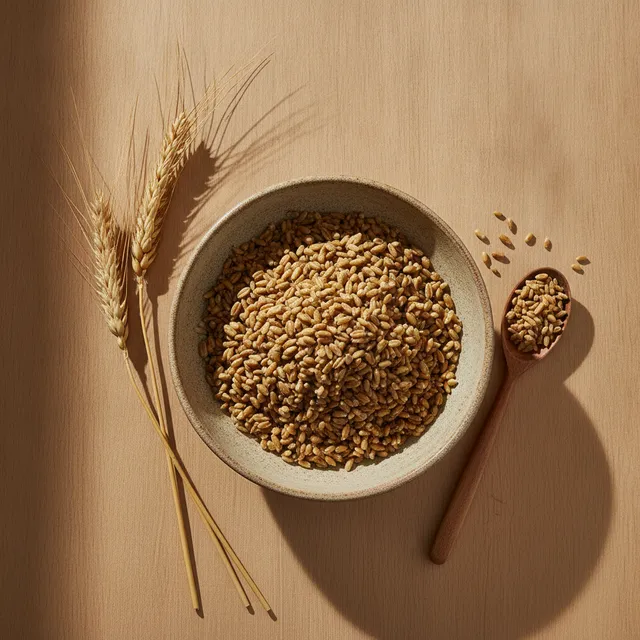 Bol de freekeh, blé vert grillé, avec épis de blé et cuillère en bois sur une table claire