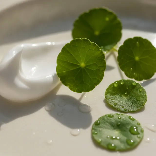 Feuilles rondes de centella asiatica posees a cote d'une noisette de creme cosmetique blanche