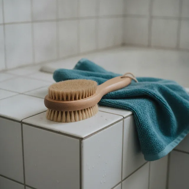 Brosse pour le corps en bois à poils naturels posée sur le rebord carrelé d'une salle de bain, à côté d'une serviette