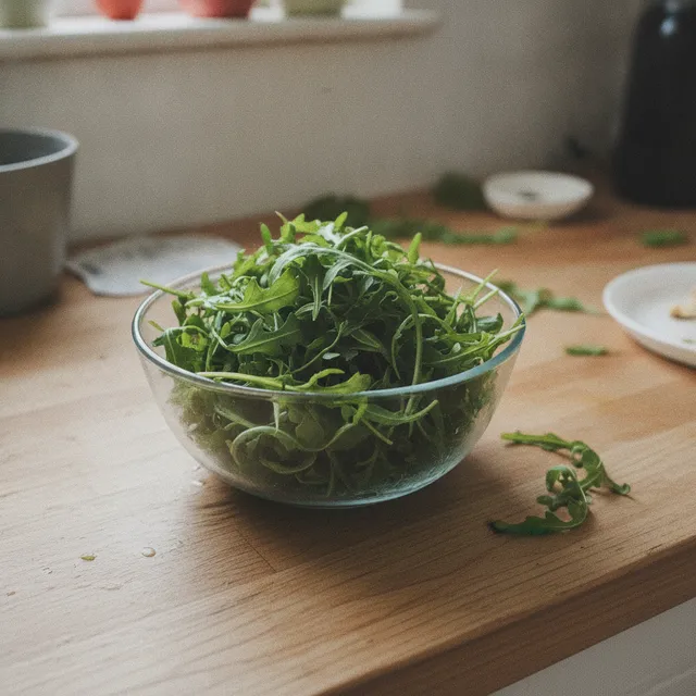 Saladier en verre rempli de feuilles de roquette fraîches sur un plan de travail en bois
