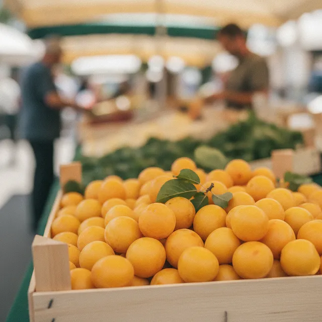 Cagette de mirabelles jaunes fraîchement récoltées sur un étal de marché