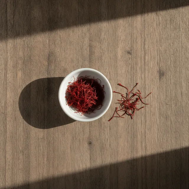 Filaments de safran rouge dans un petit bol blanc sur une table en bois