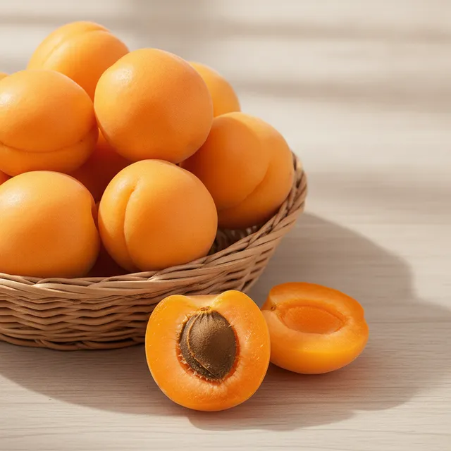 Abricots frais mûrs dans un panier en osier, dont un coupé en deux montrant le noyau