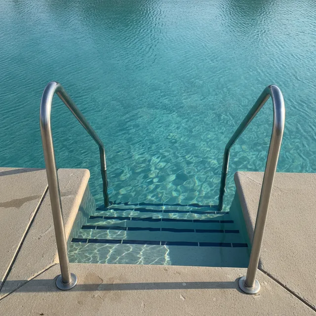 Escalier en inox avec rambarde descendant dans l'eau turquoise peu profonde d'une piscine