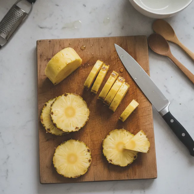 Tranches d'ananas frais fraichement coupees sur une planche a decouper en bois, avec un couteau