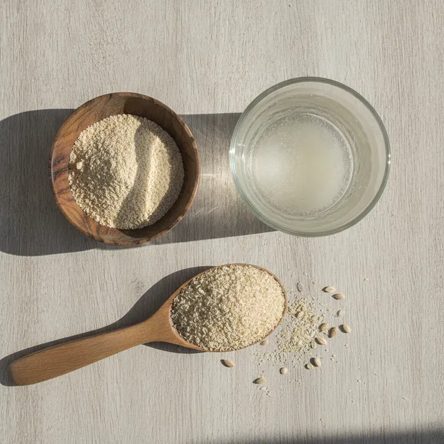 Poudre de psyllium blond dans un bol en bois, une cuillère de téguments et un verre d'eau où le gel se forme