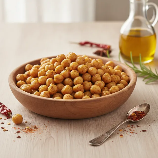 Bol de pois chiches cuits dorés sur une table en bois claire avec des épices