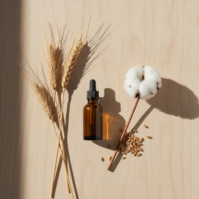 Flacon compte-gouttes de sérum ambré posé près d'épis de blé et de grains d'orge sur une table en bois clair