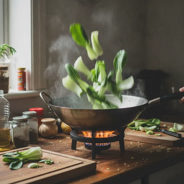 Du pak choi vert et blanc qui saute dans un wok brûlant avec de la vapeur