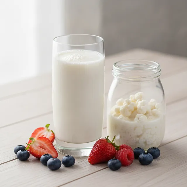 Un verre de kéfir de lait et un bocal de grains de kéfir avec des fruits frais
