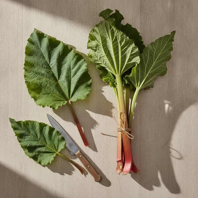 Botte de tiges de rhubarbe rose et verte avec ses grandes feuilles et un couteau, vue de dessus sur une table en bois