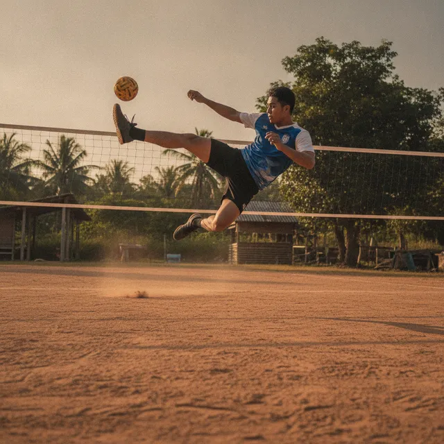 Joueur de sepak takraw en plein saut frappant du pied une balle en rotin au-dessus du filet, sur un terrain extérieur