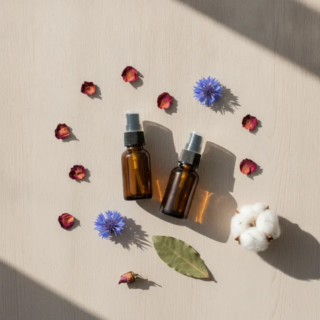 Deux flacons en verre ambré d'hydrolat avec vaporisateur, entourés de pétales de rose et de fleurs de bleuet séchées sur une table en bois clair