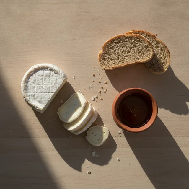 Fromage de chèvre entamé avec quelques rondelles, tranches de pain complet et un petit pot de miel sur une table en bois