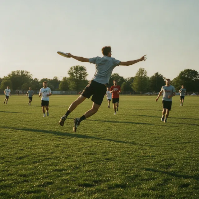 Joueur d'ultimate frisbee en plein saut lançant un disque sur un terrain herbeux, autres joueurs en course à l'arrière-plan